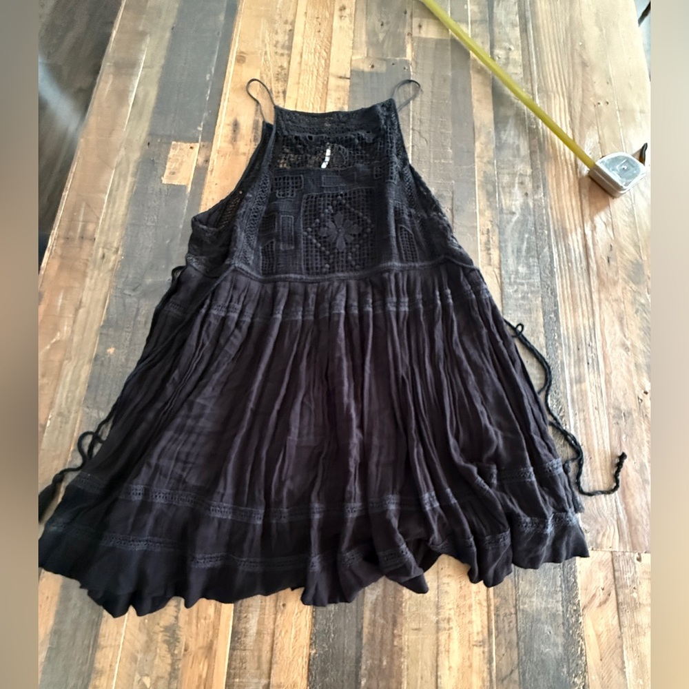 Free People Emily Black Mini Dress Crochet Lace Side Tie Boho Womens Size large